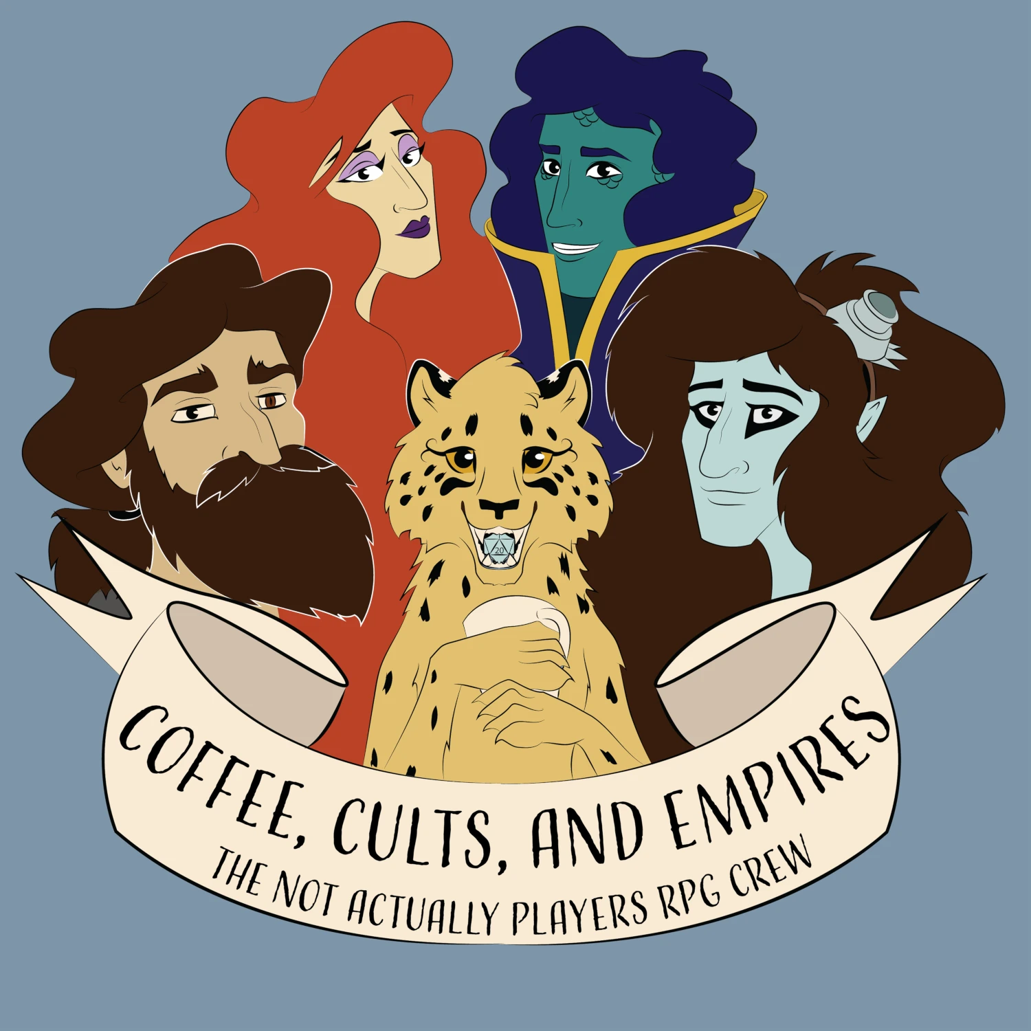 Logo showing the characters of the podcast - Urekas, Ruffort, Georg, Justice, and Hellena - and the title of the podcast, Coffee, Cults, and Empires, by The Not Actually Players RPG Crew.